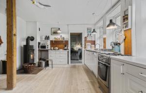 eine Küche mit weißen Schränken und einem Herd mit Backofen in der Unterkunft Stunning Home In Sjællands Odde in Yderby