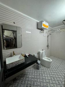 un bagno con lavandino, WC e specchio di Downtown Backpacker Hostel a Ninh Binh
