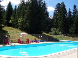 a swimming pool with chairs and an umbrella at Le jas de l Ours - Chabanon in Selonnet