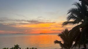 a sunset over the water with a palm tree at The Dreamcatcher Hostel Nathon SamuiSunset in Nathon
