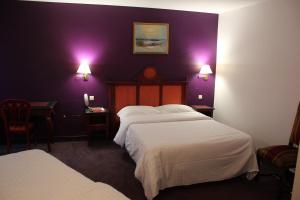 a hotel room with two beds and purple walls at Metropol in Paris