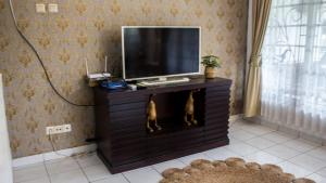 a living room with a television on a cabinet at Villa Pesona Merapi With 3 BR in Ngaglik