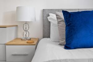 a bed with a blue pillow and a nightstand with a lamp at Park View House Close to Central Park and Plymouth Argyle FC - Dogs welcome - Hosted by Absolute Accommodation Plymouth in Plymouth +43 photos