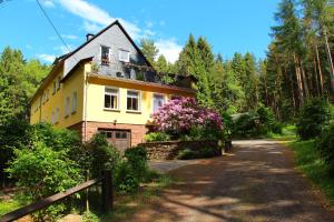 a yellow house in the middle of a road at Thüringer Waldbaude in Tambach-Dietharz