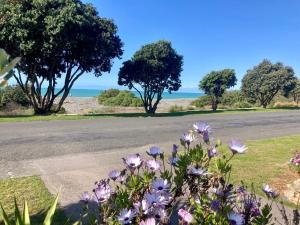 a road with purple flowers and the ocean in the background at Oceanside oasis in Haumoana