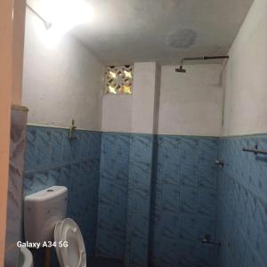 a bathroom with a toilet and blue tiled walls at Muthupalasa in Anuradhapura