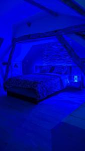 a bedroom with a bed in a blue room at Le Bleuet in Spay