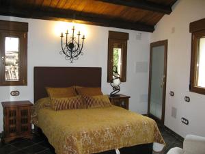 a bedroom with a bed and a chandelier at CASA DE CUCU Navaluenga in Ávila