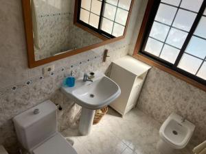 a bathroom with a sink and a toilet and a mirror at Pool House Mencey in El Médano +33 photos