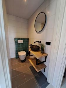 Un baño con lavabo, inodoro y espejo. en Muziekskuur, en Hollum 15 fotos más
