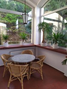 a table and chairs in a room with windows at Hotel Sanssouci in Prague