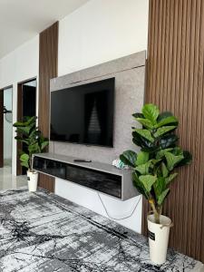 a living room with a tv on a wall with two potted plants at Homestay White Aqil in Kampong Paya Pulai