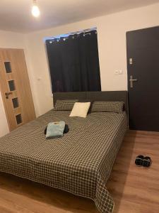 a bedroom with a bed with a black door at Apartmán s wellnessom in Špačince