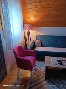 a living room with a purple couch and a chair at Durmitorski cvijet in Žabljak