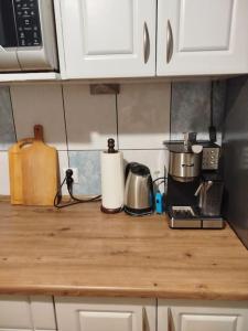 a kitchen counter with a coffee maker and a toaster at Mieszkanie na Nadodrzu in Wrocław