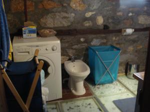 a small bathroom with a toilet and a washing machine at Kleio in Elatochori