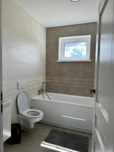 a bathroom with a toilet and a tub and a window at Kaštonų krantas in Antotylʼtse +20 photos