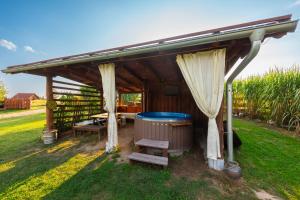 a gazebo with a hot tub in the grass at Nad Stawem Bogaczewo in Bogaczewo