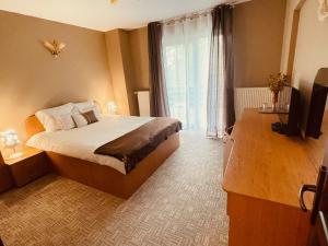 a hotel room with a bed and a television at Vila Liliana in Predeal