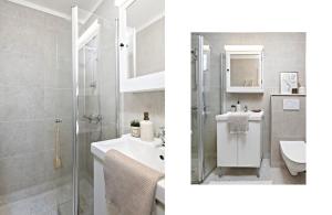 トロンハイムにあるKoselig leilighet ved Solsidenのシャワー、洗面台、トイレ付きのバスルーム