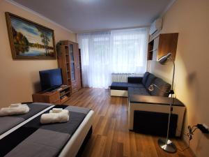 a living room with two beds and a couch at Central Park Apartman in Szekszárd