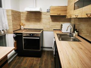 a small kitchen with a sink and a stove at Central Park Apartman in Szekszárd