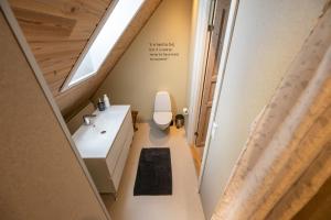 a bathroom with a toilet and a sink and a skylight at Sdr. Omme Bed & Breakfast in Sønder Omme +109 photos