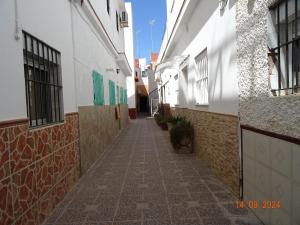 an empty alley with white buildings and a cat on the side at las olas in Chipiona