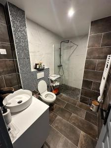 a bathroom with a toilet and a sink and a shower at Sublime maison de 2 étages avec cour in Chilly-Mazarin +15 photos