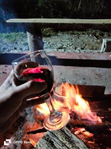 a person holding a glass of wine over a fire at Cabañas el condor del Ruíz in Murillo +12 photos