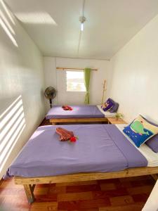 two beds in a small room with purple sheets at Room With A View & Apartment Style in Port Vila