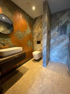 un bagno con lavandino, WC e specchio di The Funky Apartment a Groomsport Altre 10 foto