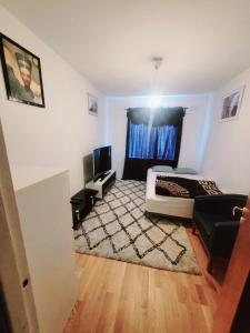 a living room with a bed and a television at Ankommen und wohlfühlen in Malmö in Västra Skrävlinge