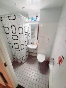a small bathroom with a toilet and a sink at Ankommen und wohlfühlen in Malmö in Västra Skrävlinge