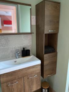 a bathroom with a sink and a mirror at Jennifer in Saint-Dizier +18 photos