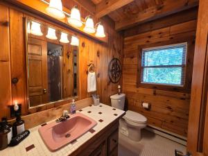 a bathroom with a sink and a toilet and a mirror at Private and Cozy Cabin Close to Williamsport, PA in Linden +25 photos