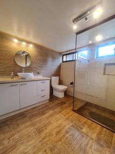 QuepeCasa spa parcela con acceso directo a río Temuco Padre las casas的配有马桶、水槽和淋浴的浴室