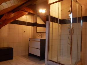 a bathroom with a shower and a sink at Le Rocher des Ducs, Chambres d'hôtes, parking privé, abris motos in Le Glaizil