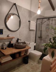 a bathroom with a sink and a toilet and a mirror at A curuxa casa rural in El Mazo