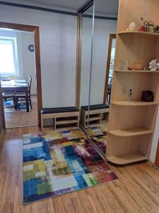 a living room with a colorful rug on the floor at Nakvynė ir poilsis Zarasų mieste visai šeimai in Zarasai