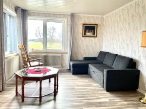 un soggiorno con un divano e un tavolino da caffè di Holiday house by riverside with sauna and hottub a Moholm