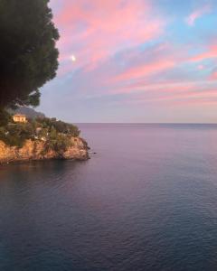 vista sull'oceano con una casa su una scogliera di La Casa di Samantha a Villa Regina a picco sul mare con piscina a Pieve Ligure