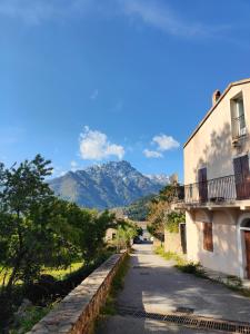 a street in a village with a mountain in the background at Appartement Les Tilleuls in Olmi-Cappella