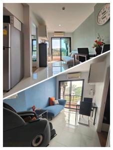 two pictures of a living room and a kitchen at Blue and green Farang homes in Chiang Mai