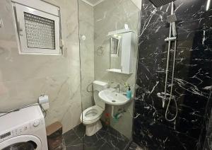 a bathroom with a toilet and a sink and a shower at Apartmani Suvodoli in Rvaši +46 photos