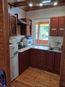 a kitchen with wooden cabinets and a white appliance at ЗАТИШОК in Oriv