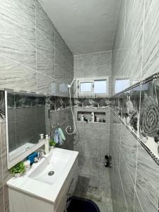 a bathroom with a sink and a shower and a mirror at le petit paradis in Chaba Remada