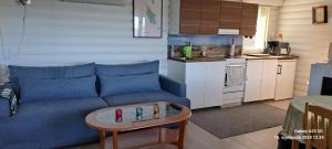 a living room with a blue couch and a table at Suvikoti in Lokalahti