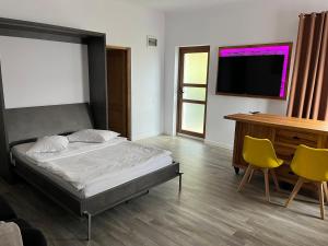 a bedroom with a bed and a desk and a television at Airport Green in Cluj-Napoca