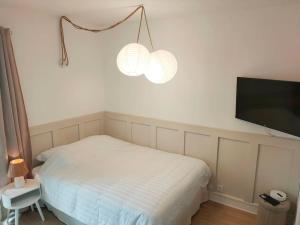 a bedroom with a bed and a flat screen tv at Agréable studio avec balcon et parking in Périgueux